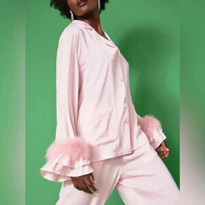 JAYLEY Pink‎ Awilix Day to Night Feather Trim Silk Sleep Trim Long Sleeve Blouse